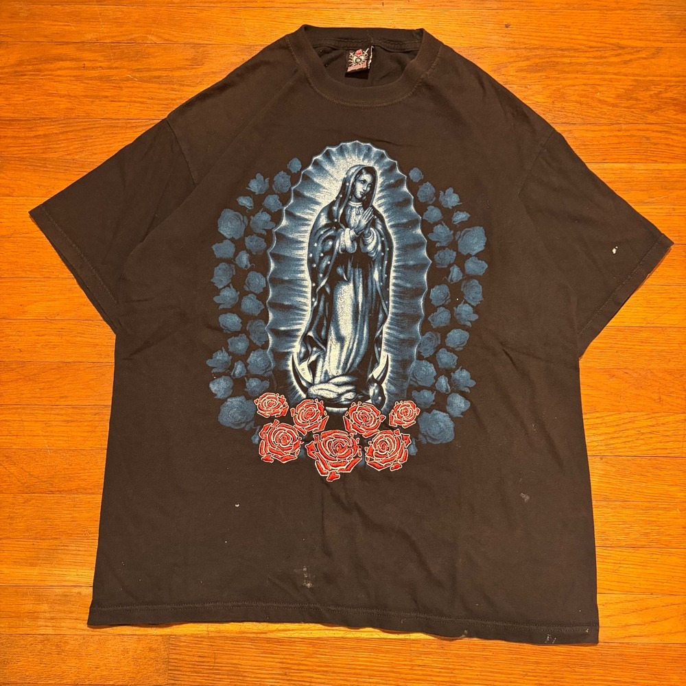 Resurreccion Virgin Mary Our Lady of Guadalupe Black Graphic T-Shirt Mens L
